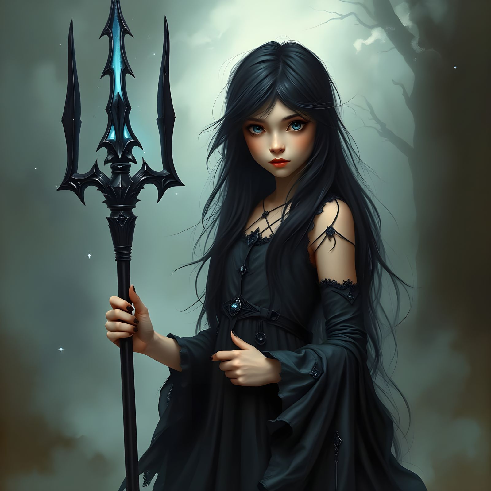 Ethereal Ghost Girl with Trident in Fantasy Style