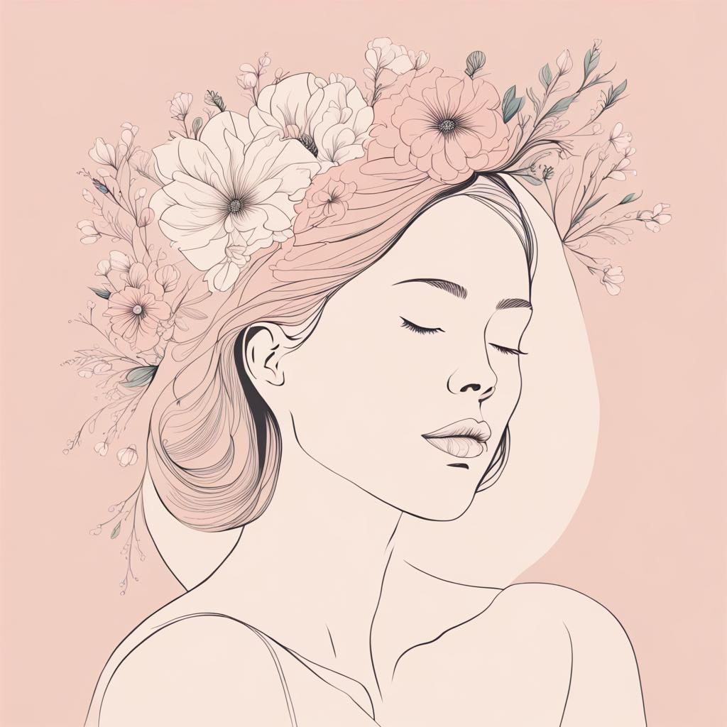 Minimalist Line Art: Woman with Pastel Flowers