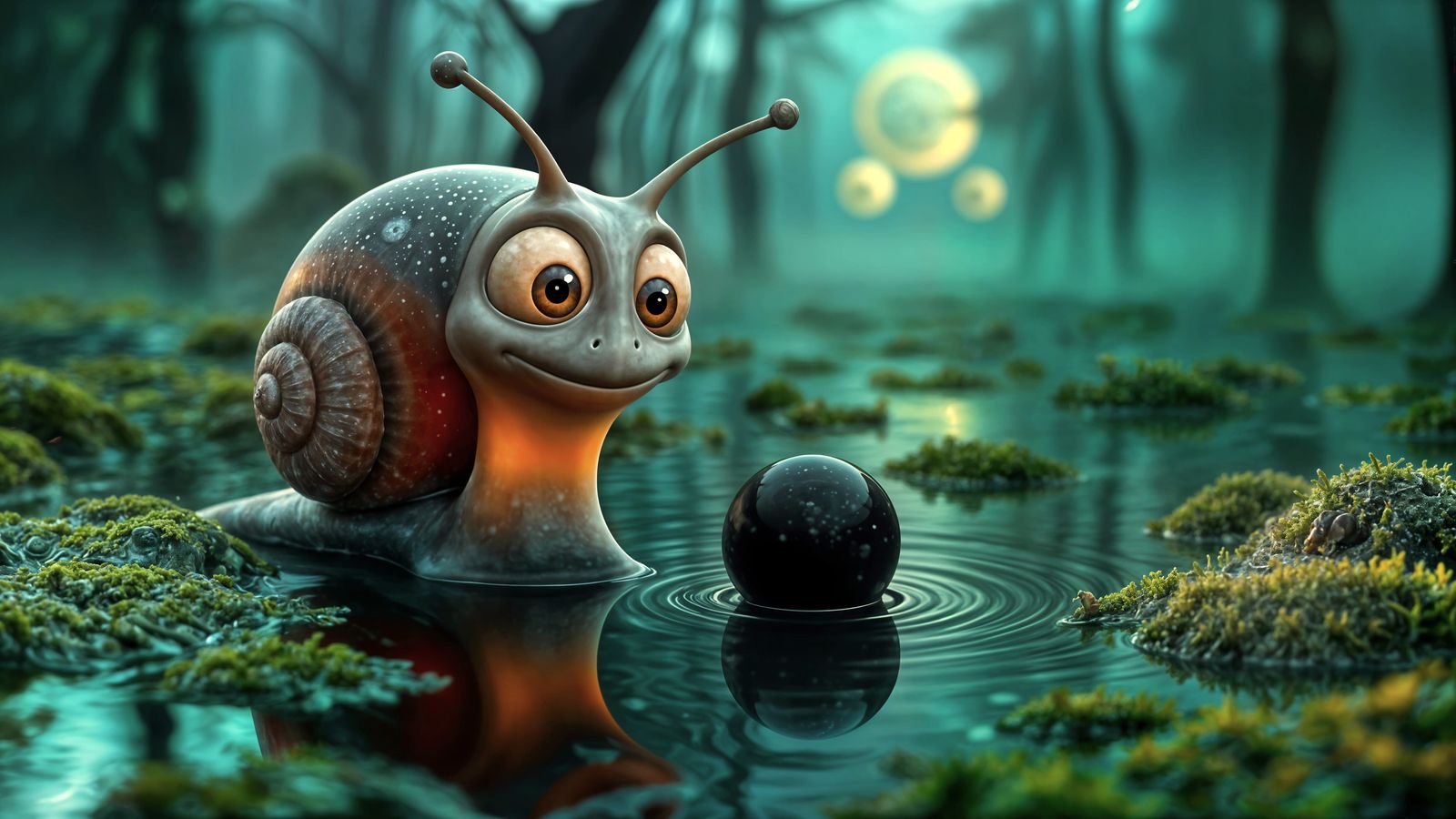 Cartoon Alien Snail Gazing at Orb in Swamp