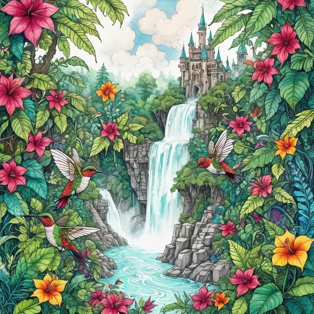 detailed drawing of sketch doodle style art of fibonacci fractal fantasy waterfalls in cute doodle chaotic tropical fore...