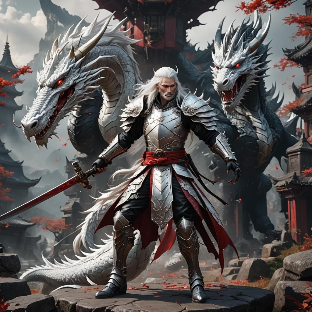 White Dragon King with Katana in Fantasy Art