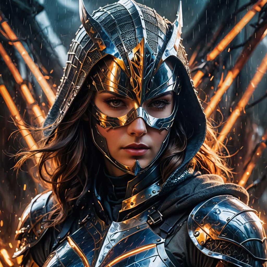 Armored Woman Knight in Mask, 3D Rendered