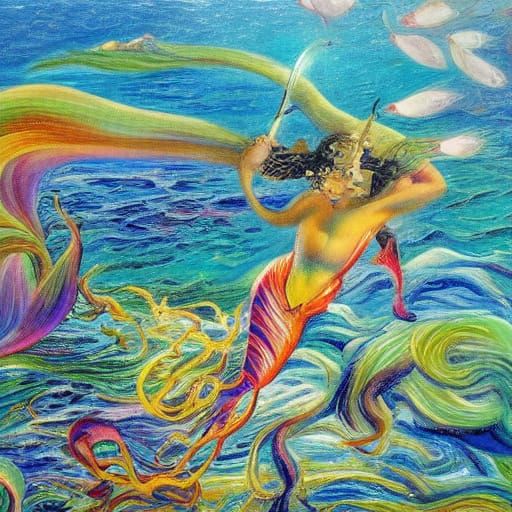 Surrealist Mermaid Portrait in Glitzy, Glamorous Rainbow Sty...