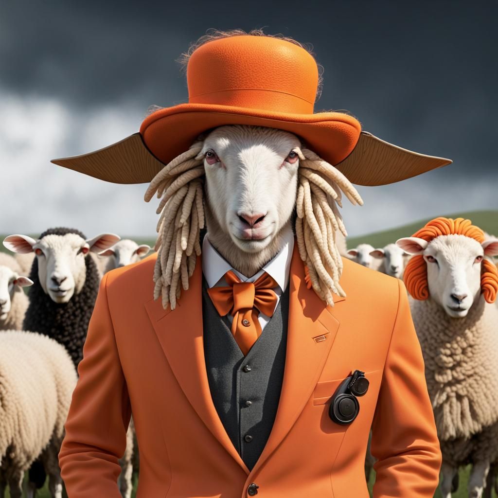 Anthropomorphic Sheep in Clockwork Orange Attire