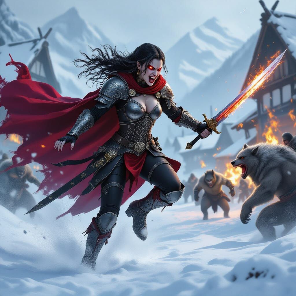 Vampire Warrior Charges Through Snowy Battlefield