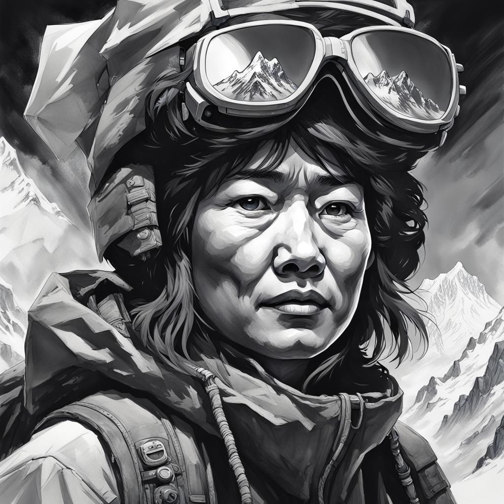 Junko Tabei on Mount Everest: Ink Wash Portrait