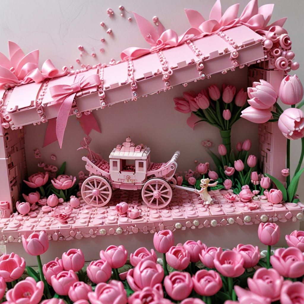 Whimsical Pink Fantasy Carriage Scene in LEGO Style
