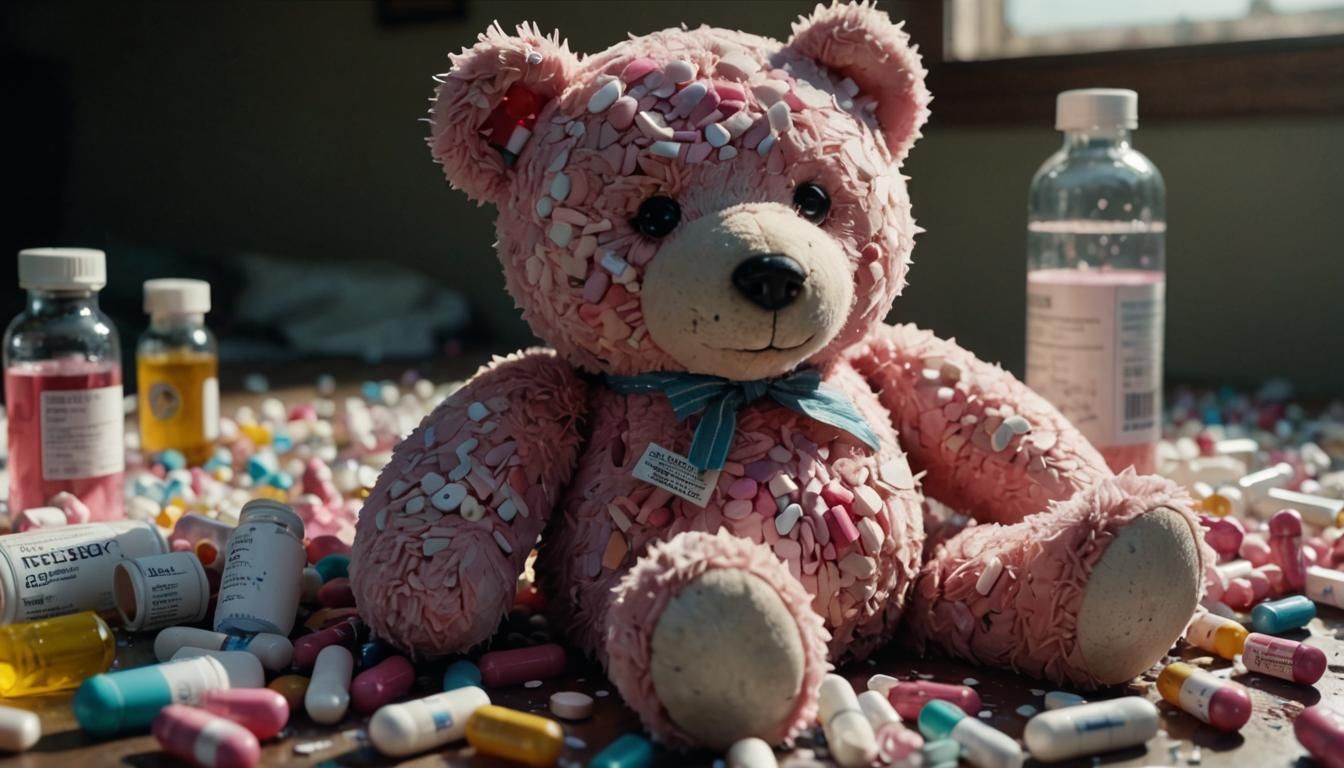 Abandoned Pink Teddy Bear and Prescription Pills