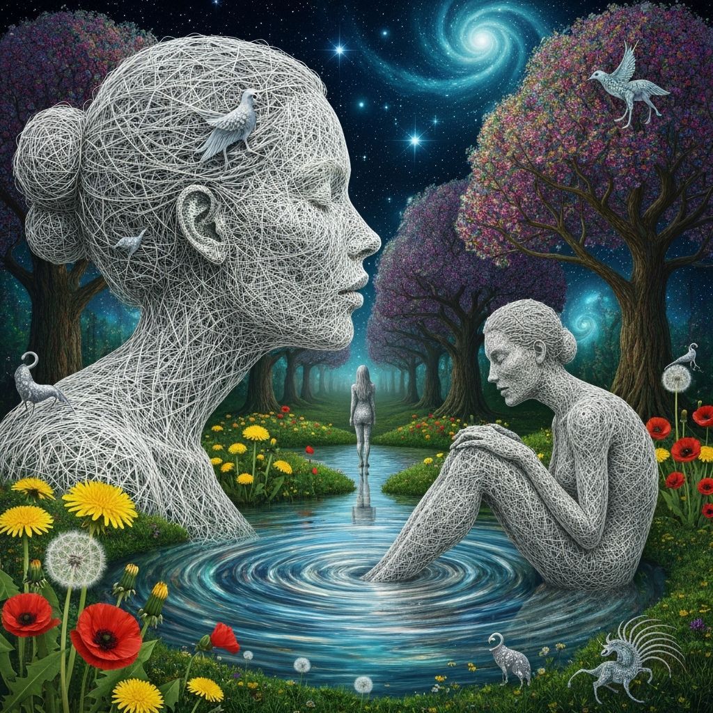 Ethereal String Woman Kissing Garden, Bio-Art Style