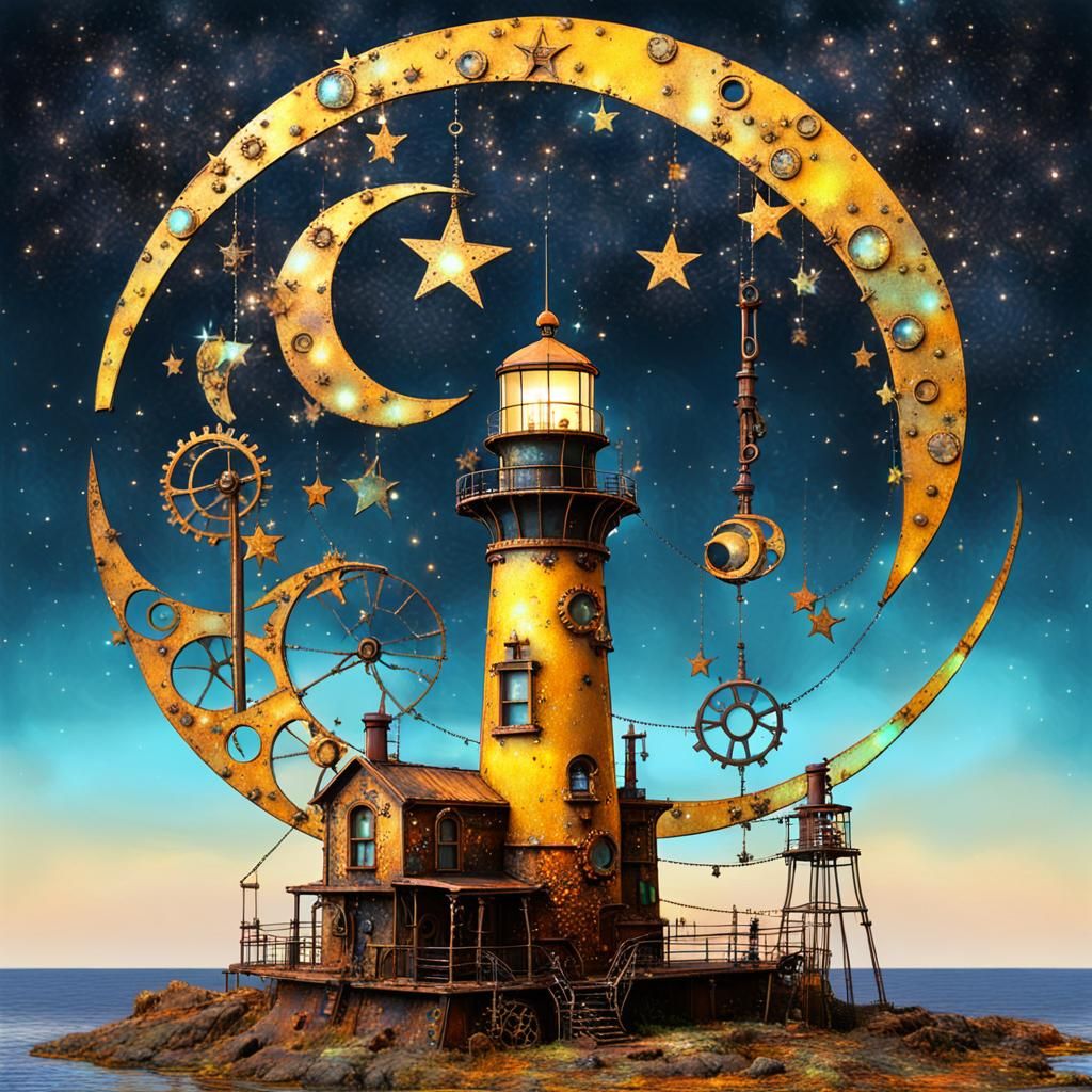 Steampunk Crescent Moon with Lighthouse, Double Exposure Art