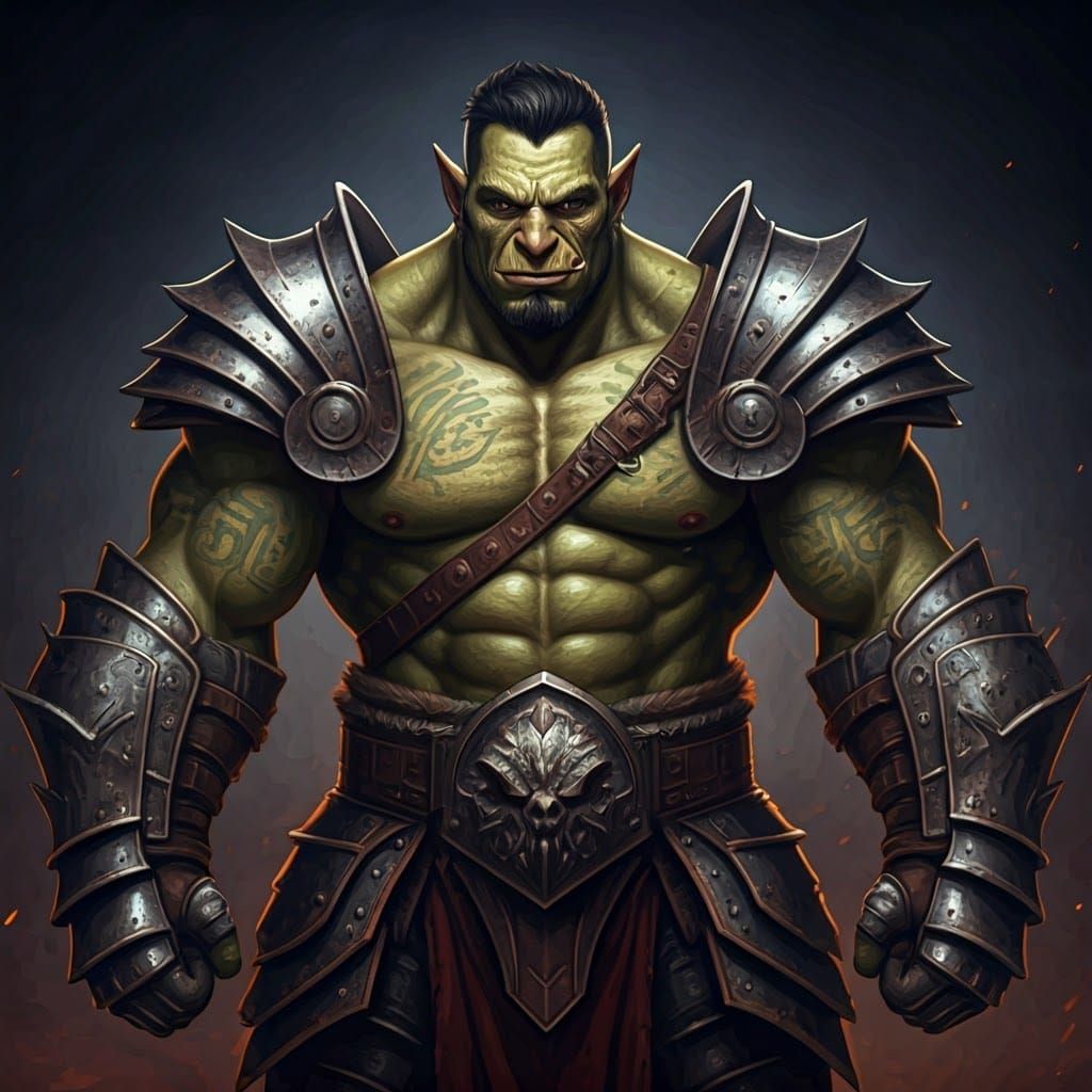 Tall, Muscular Half-Orc Warrior in Battle-Worn Armor
