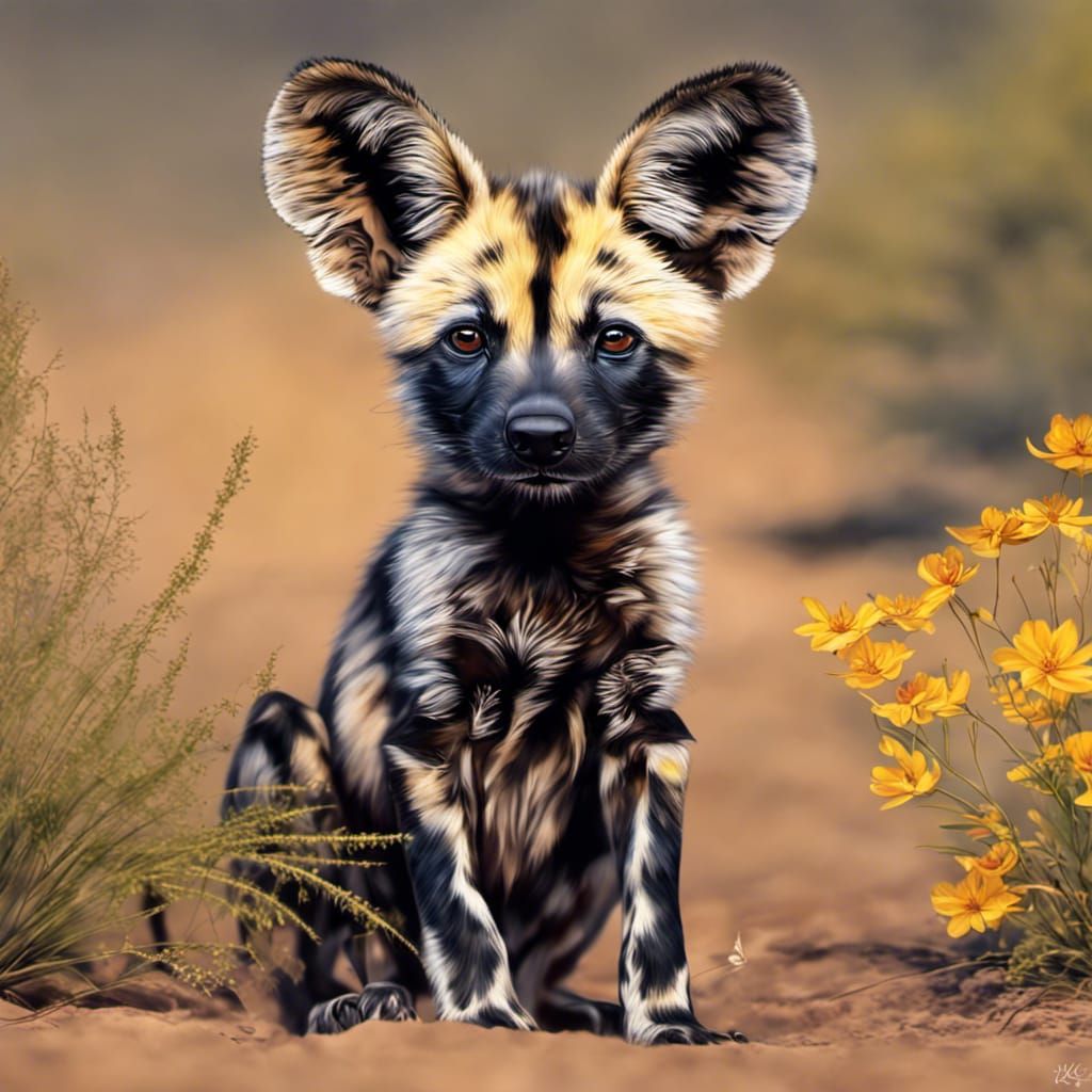 Chibi African Wild Dog in Vibrant Desert Bloom