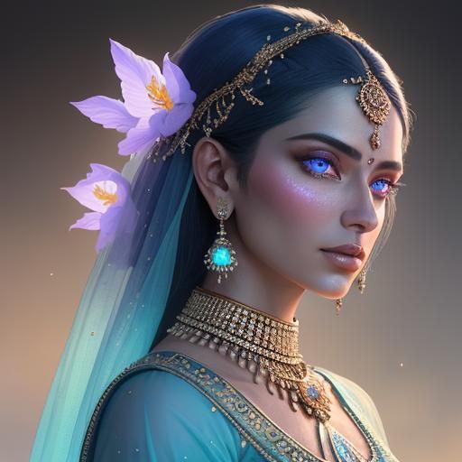 Indian Princess in Mountain Palace, Watercolor Art