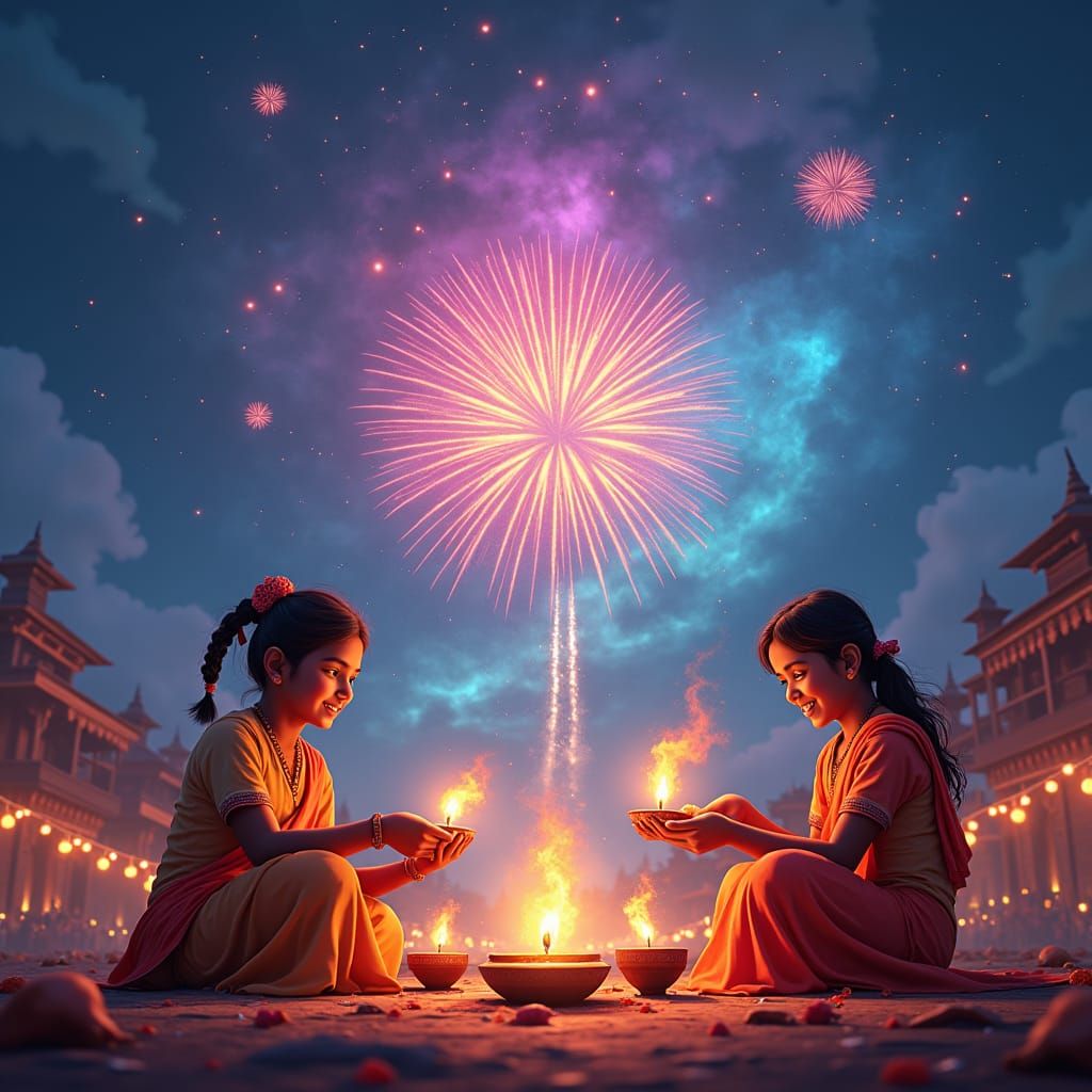 Tihar Celebration: Nepali Kids Light Diyos in Whimsical Sky