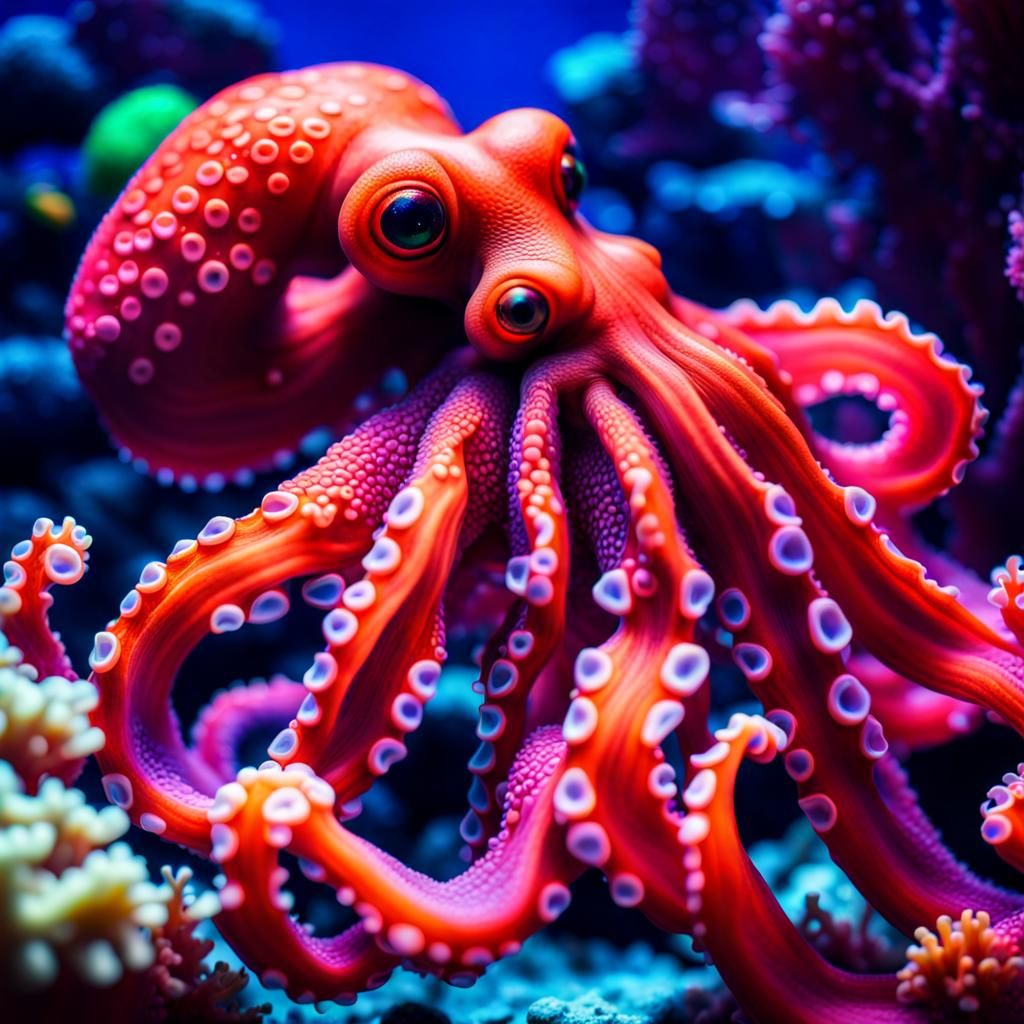 Octopus Camouflaged in Bottle Among Neon Coral