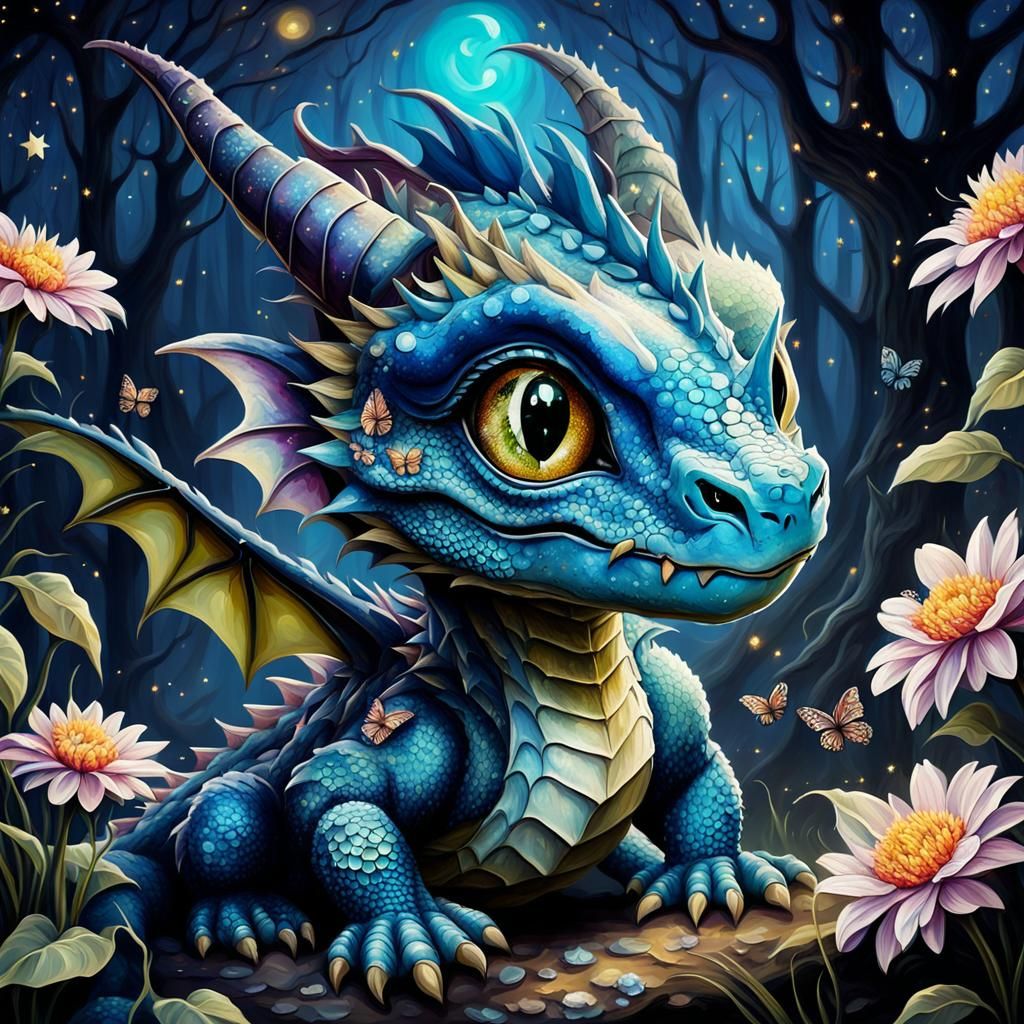 Cute Dragon Baby in Magic Forest Oil Painting