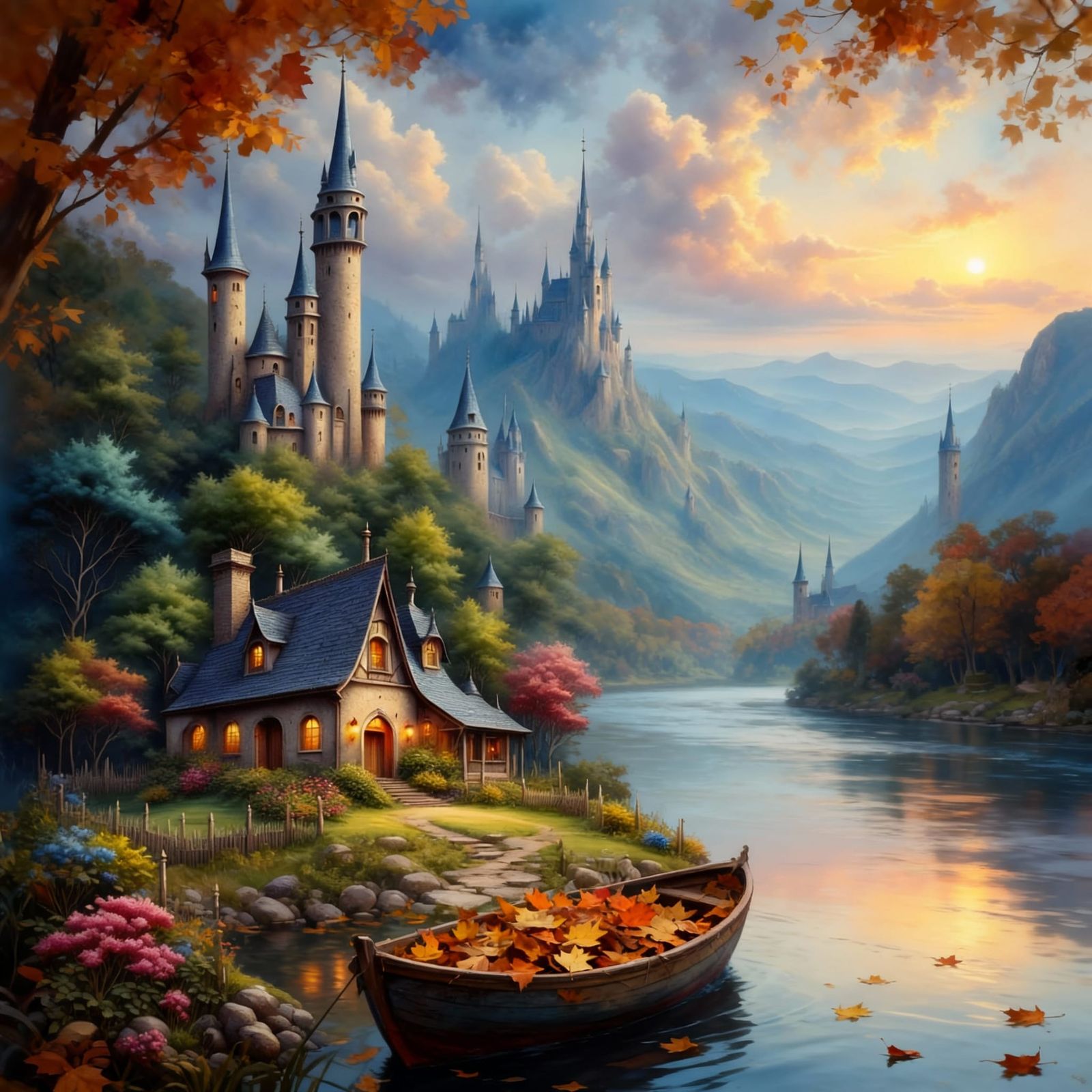 Dream Cottage and Sky Castles in Autumn Watercolor