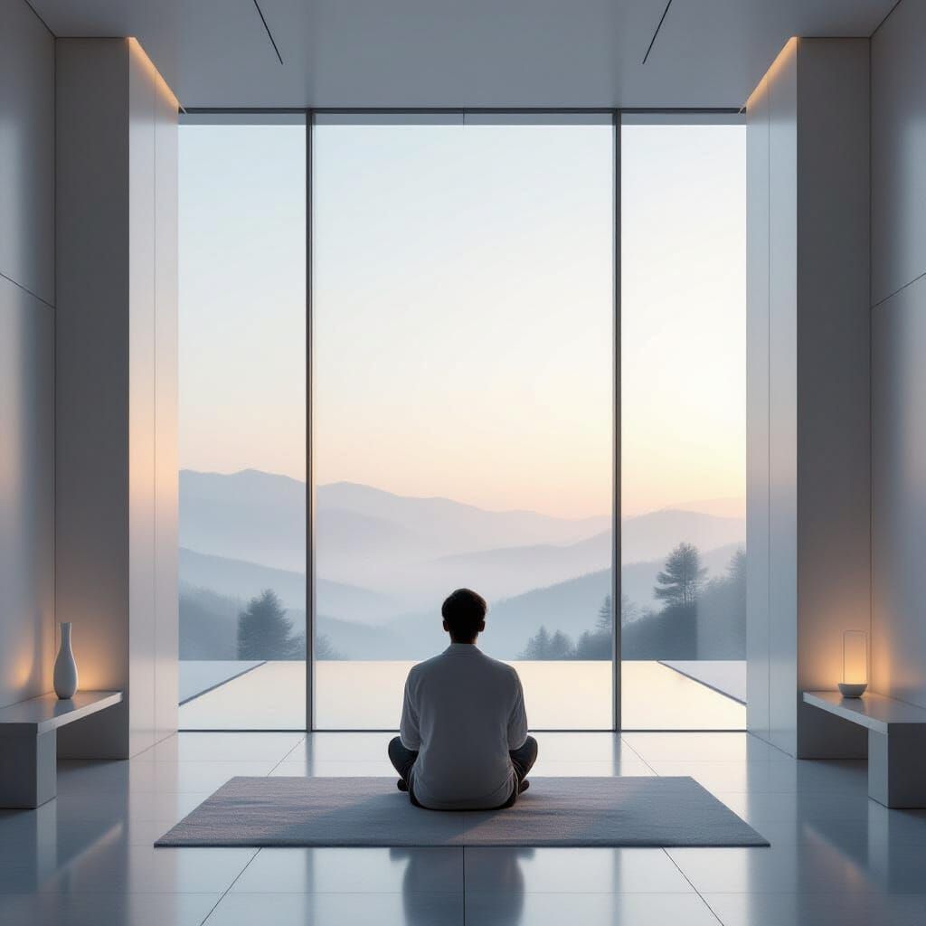 Solitary Figure in Luxurious Tech Chamber Overlooking Waterc...
