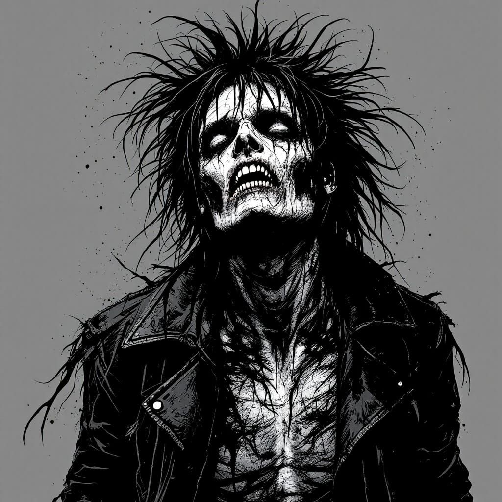 Surreal Decaying Punk Rocker in Black and White