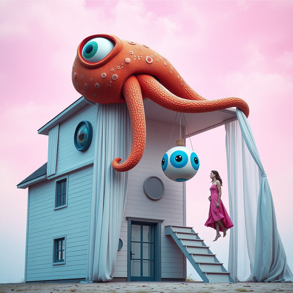 Surreal Floating House with Giant Head in Dreamscape