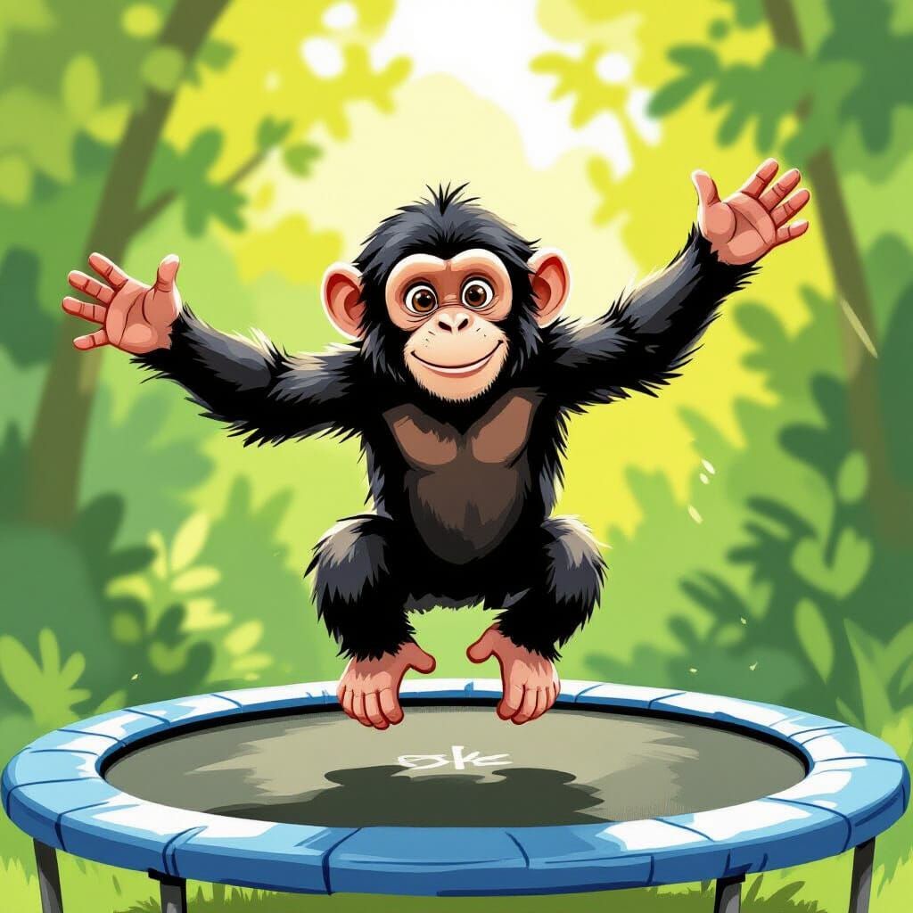 Chimpanzee Bounces Joyfully on Trampoline in Whimsical Style