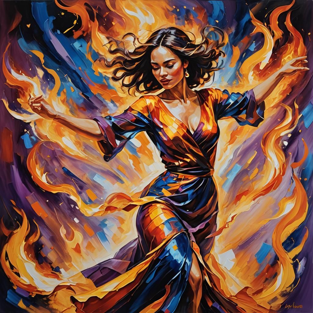 Woman Dancing in Fire: Expressionist Oil Painting