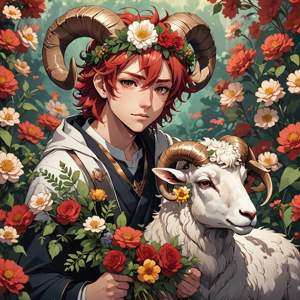 Aries Boy with Ram Horns in Anime Style