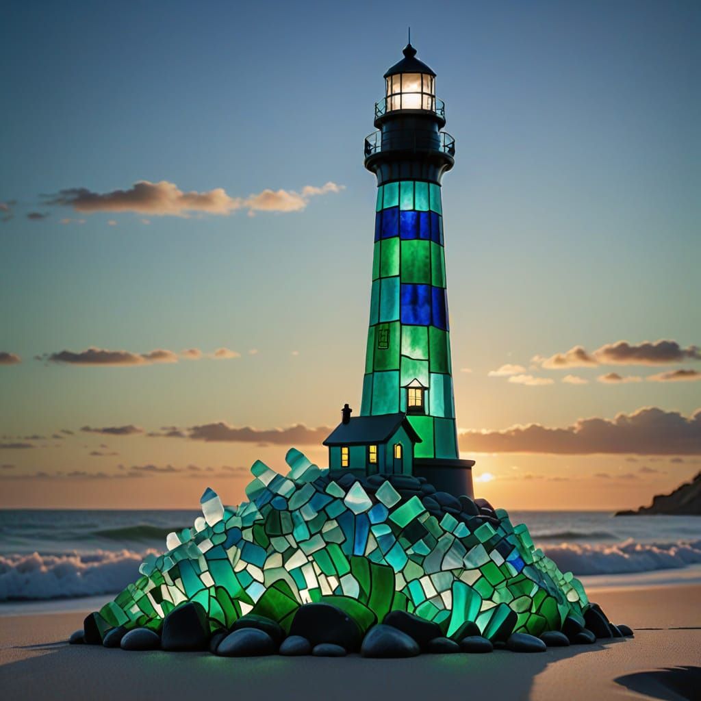 Sea Glass Lighthouse Sculpture with Internal Glow