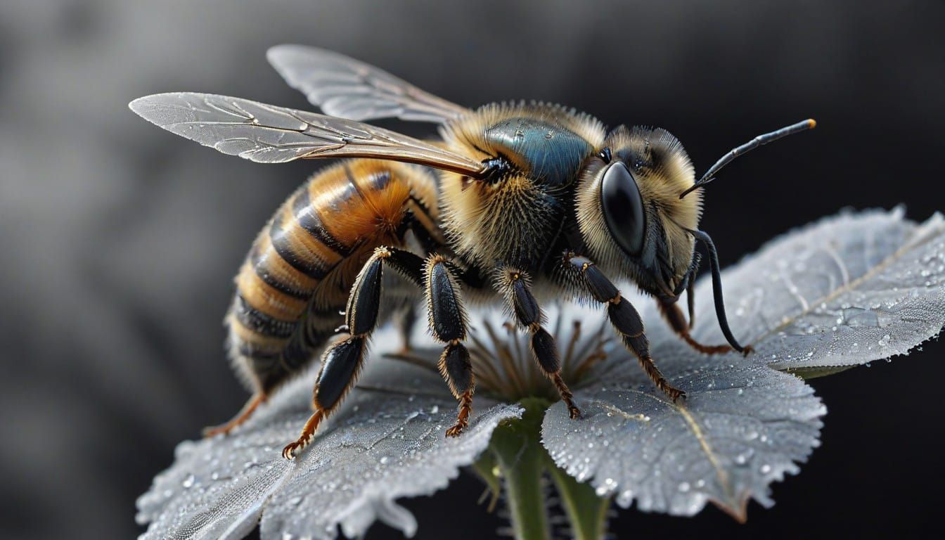 Intricate Black and White Ink Drawing of a Busy Bee on a Ros...