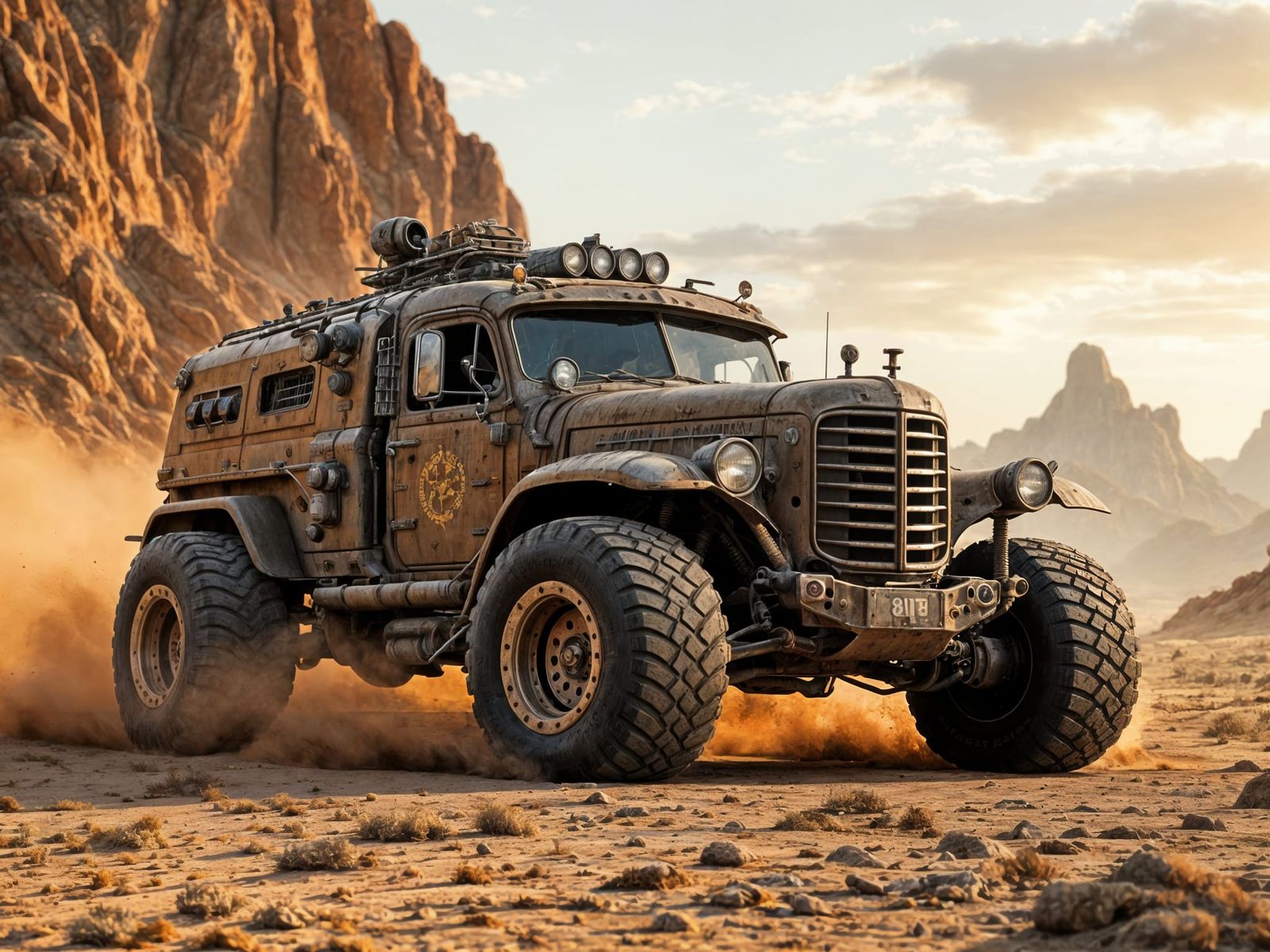 Post-Apocalyptic Battle Wagon in Desert Wasteland