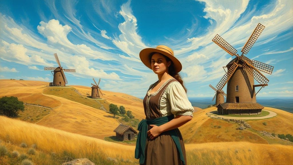 Sweeping Landscape with Rustic Windmills in Earthy Tones