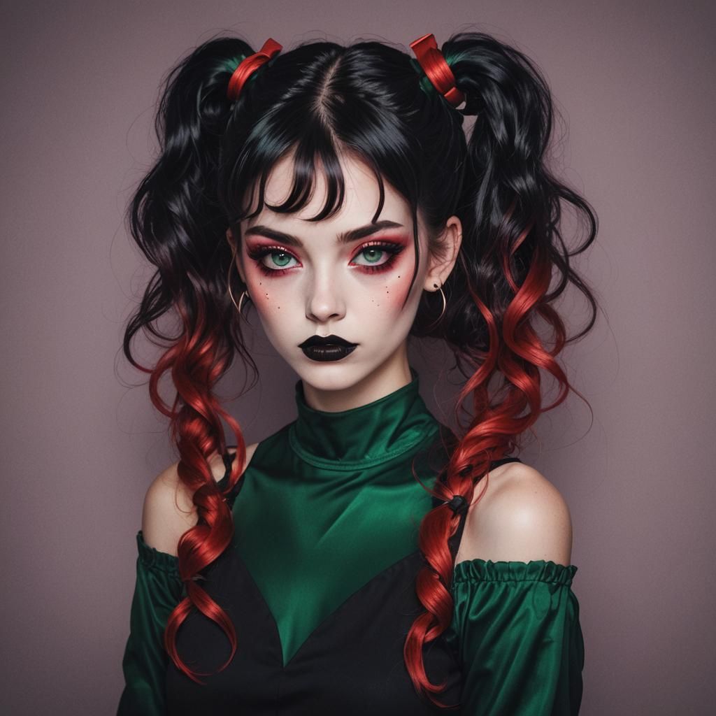 Synthwave Woman with Red and Black Pigtails