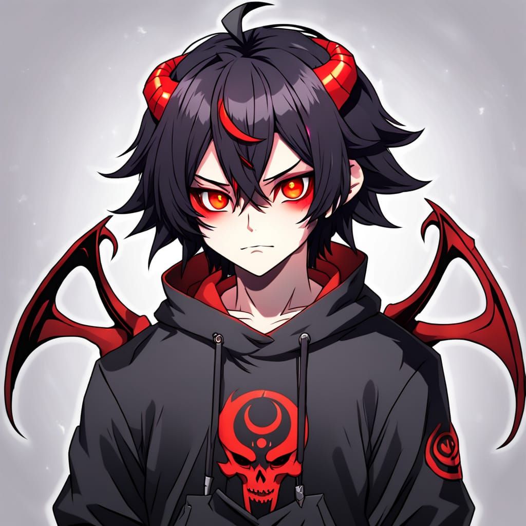 Ethereal Anime Demon Boy with Fiery Red Eyes and Twisted Hor...