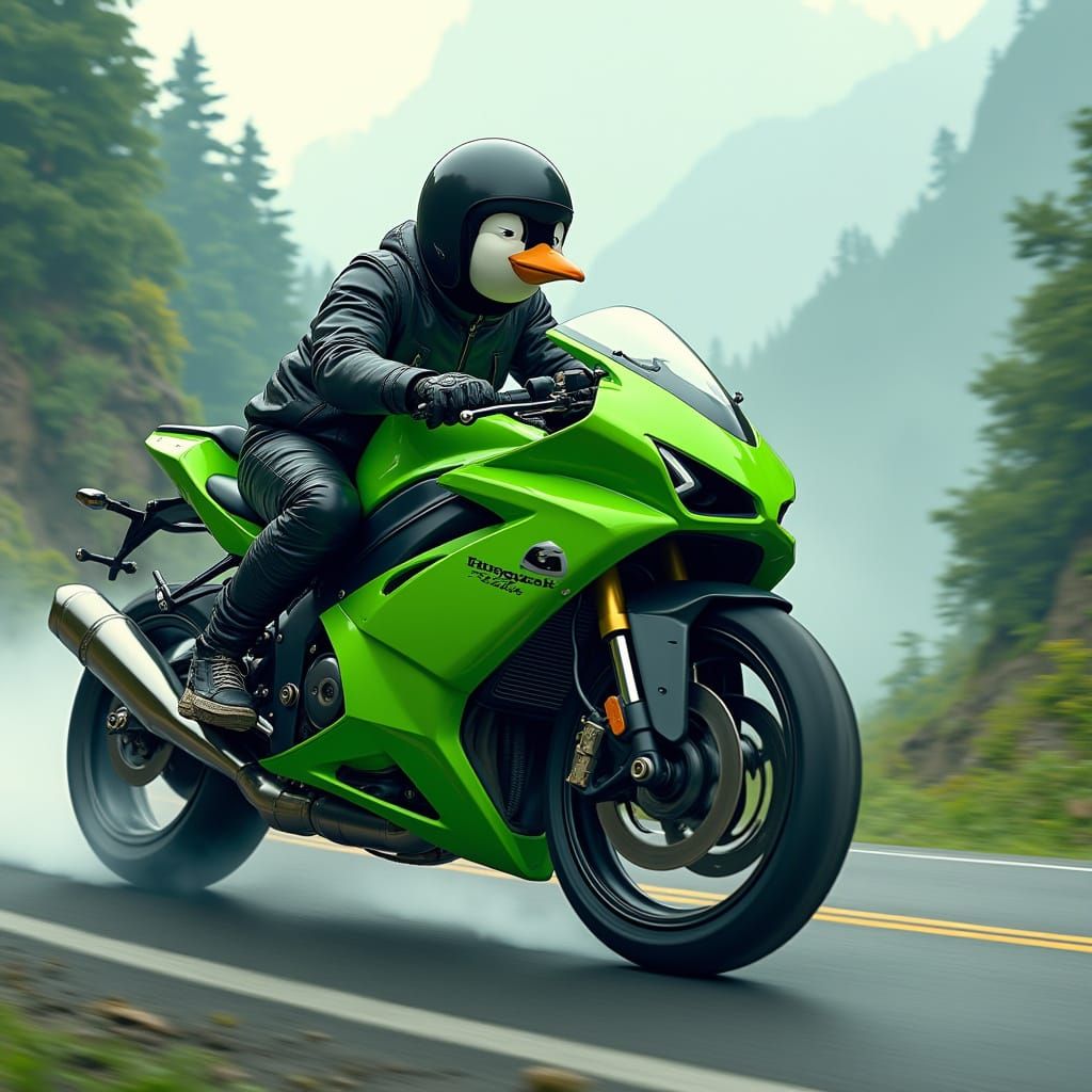 Penguin Ninja Rider on Green Kawasaki