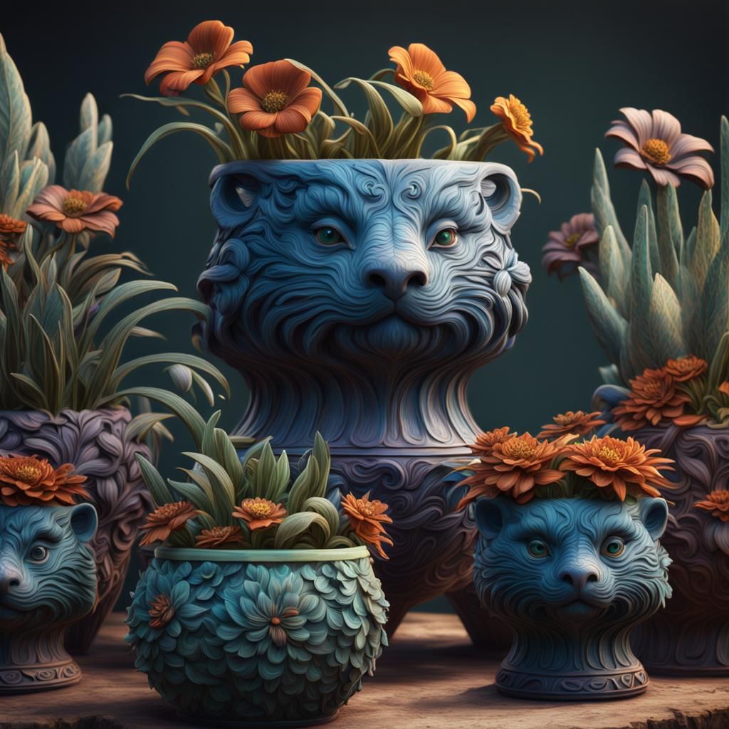 Animal Flower Pots: Detailed Matte Painting