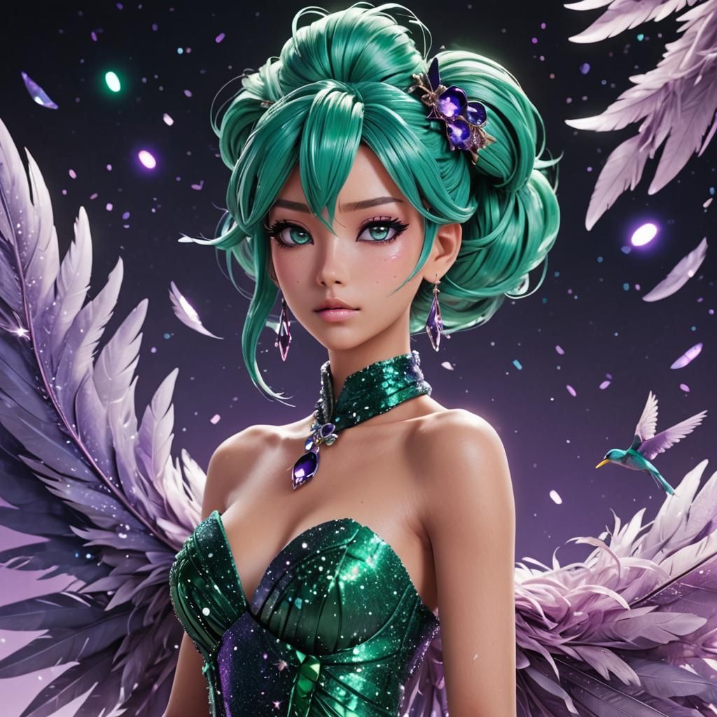 Miku in Feathered Gown: Hyperrealistic Anime Portrait