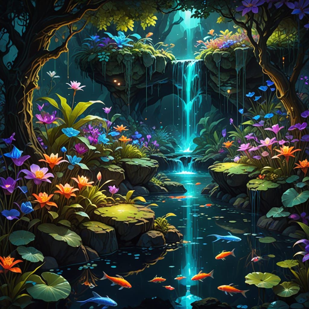 Magical Bioluminescent Koi Pond in Grotto