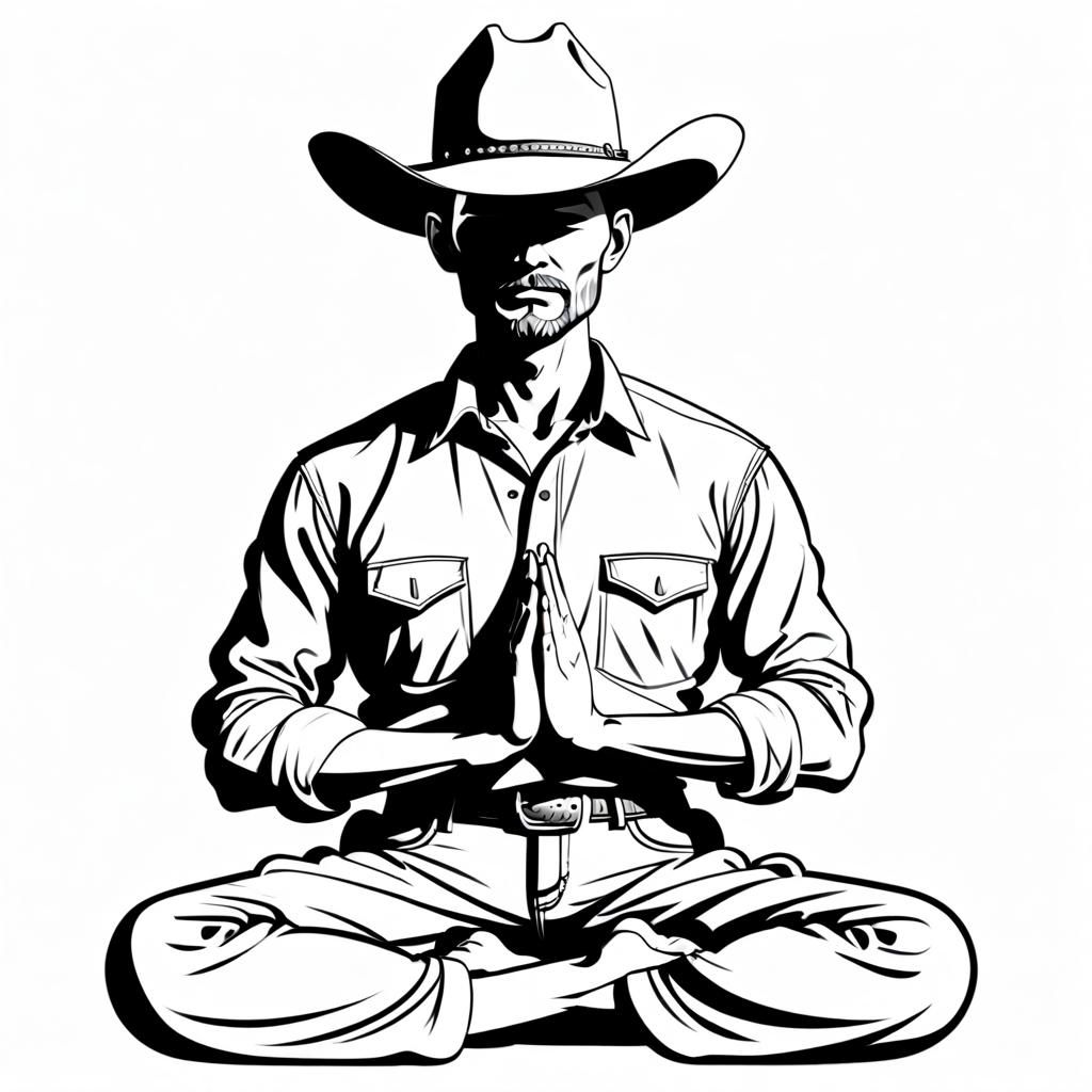 Cowboy in Lotus Position Line Illustration