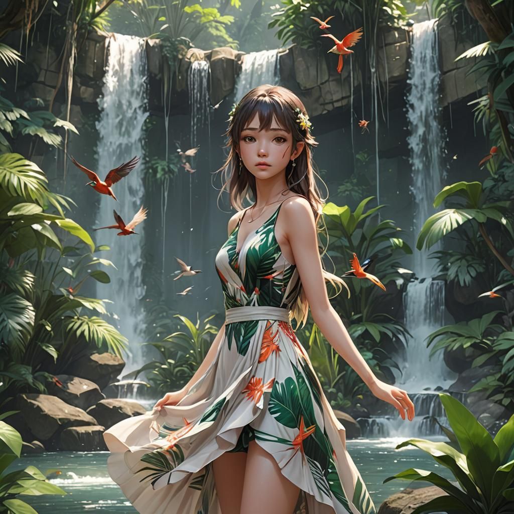 a young pretty girl with a flowy dress next to a tropical waterfall. She is surrounded by tropical plants and birds.
