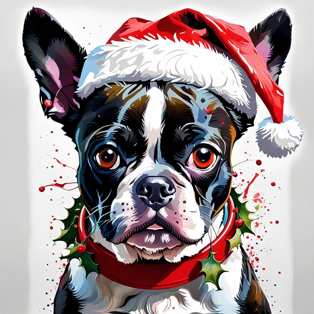 Festive Boston Terrier in Santa Hat Graffiti Art