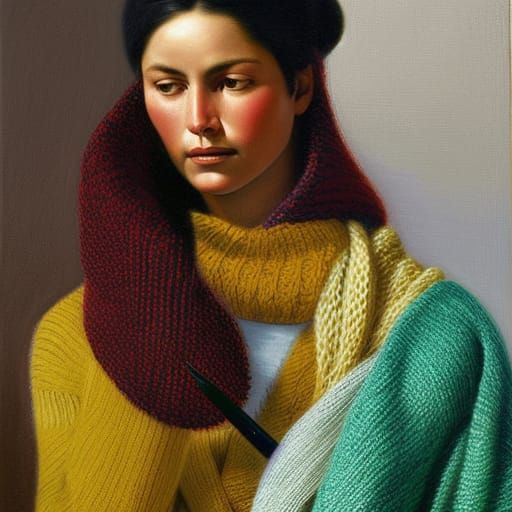 Woman Knitting: Oil Painting in Gurney Style