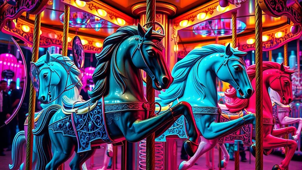 Surreal Bioluminescent Carousel Collage in 70s Style