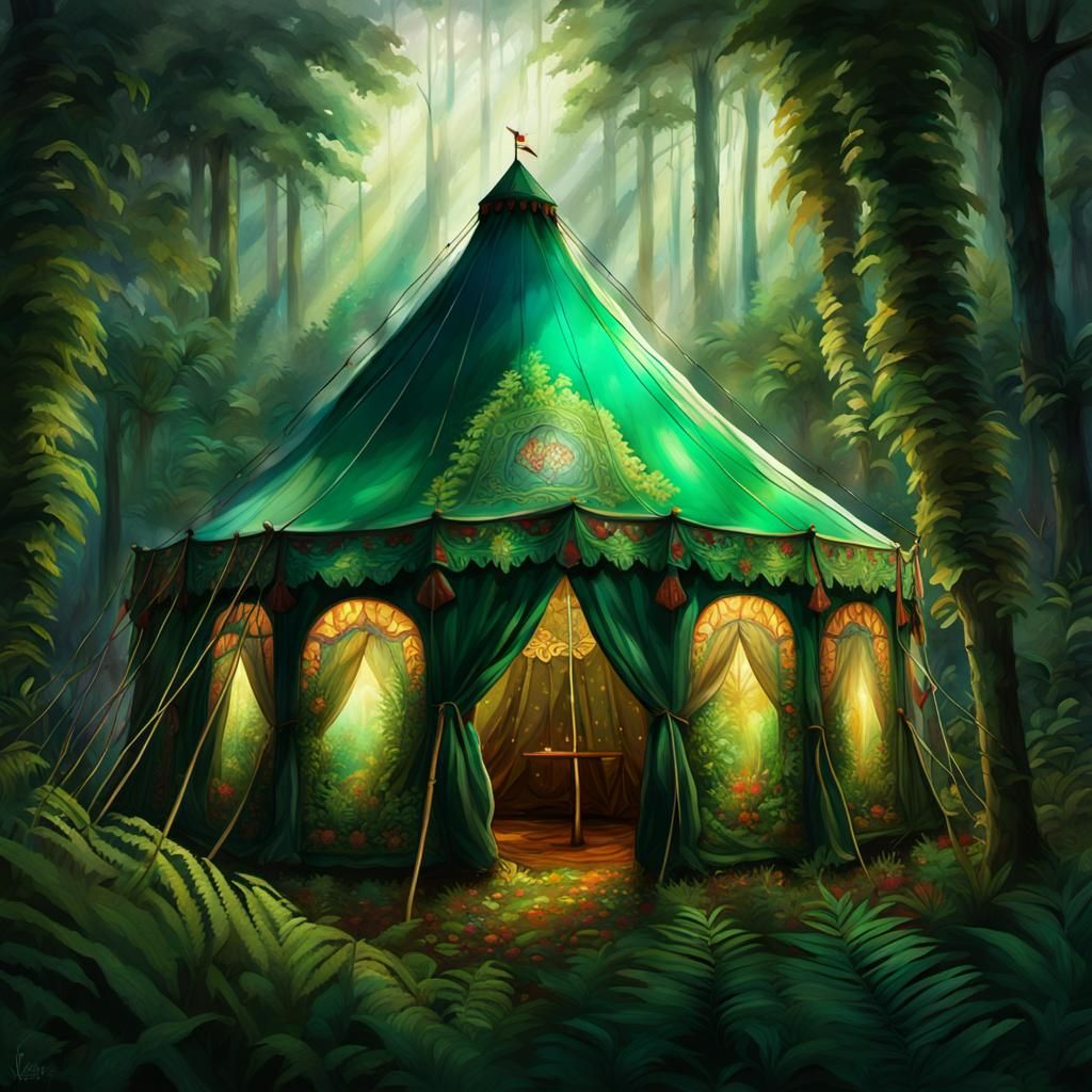 Carnival Tent Emerges in Emerald Forest: Concept Art