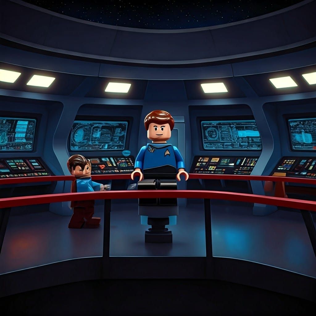 Star Trek LEGO Figures on Spaceship Bridge