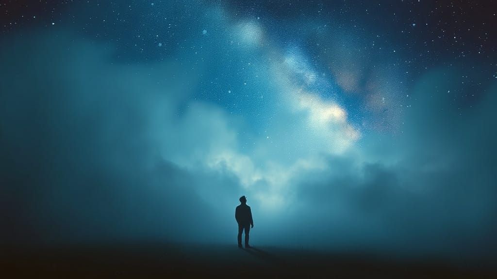 Mysterious Figure Under Starry Skies in Whispers of Blue and...