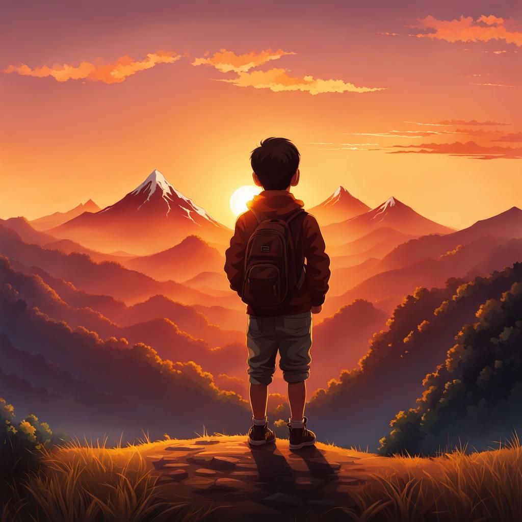 Boy and Mountain Sunset Silhouette