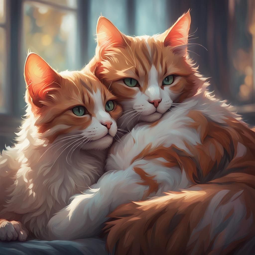 Cuddling Cats Portrait in Hyperdetailed Digital Art
