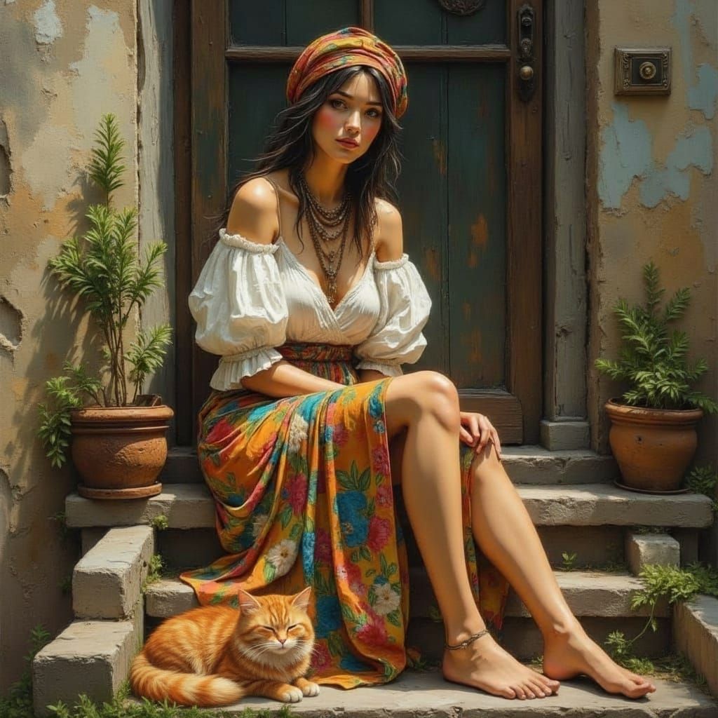 Bohemian Woman with Cat on Stairs, Realistic Painting