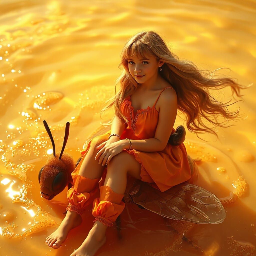 Woman on Gummy Bee in Honey Sea