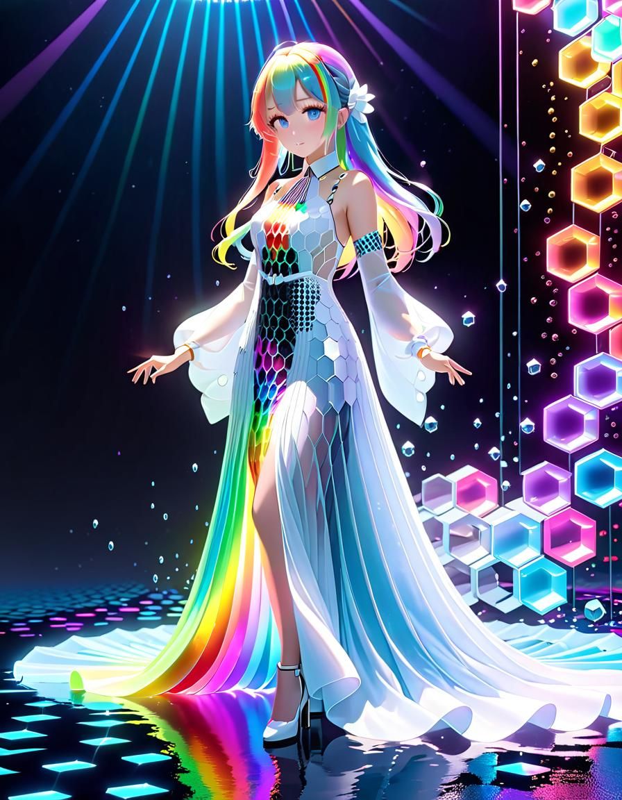 Neon Rainbow Figure in Flowing White Dress